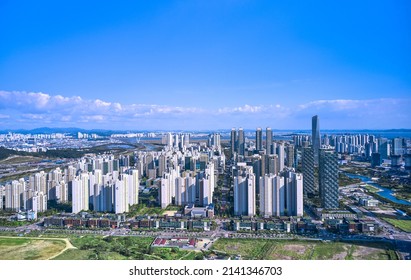 Songdo-dong, Yeonsu-gu, Incheon, South Korea - September 18, 2021: Aerial View Of Northeast Asia Trade Tower And High-rise Apartments Of Songdo New City
