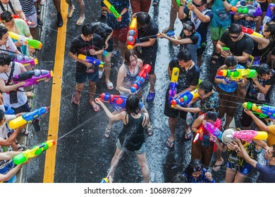 SONGKRAN BANGKOK, THAILAND - April 14: Famous Songkran Festival In Silom On April 14, 2018. One Of The Most Popular Water Fight Places During Songkran In Bangkok, Thailand.