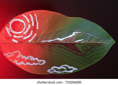 The Sonic Boom From The Plane  Painting On Green Leaf On Red Light And Black Background