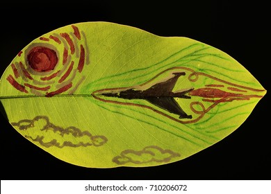 The Sonic Boom From The Plane Painting On Green Leaf And Black Background