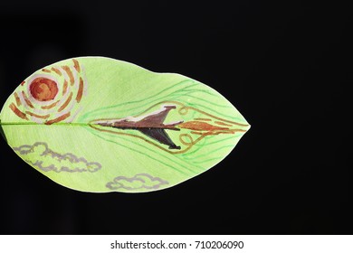 The Sonic Boom From The Plane Painting On Green Leaf And Black Background