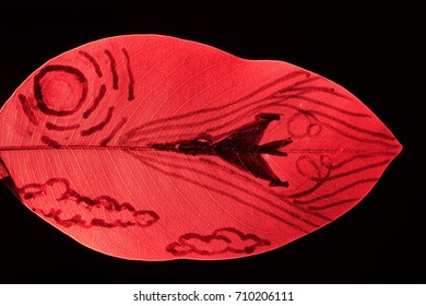 The Sonic Boom From The Plane  Painting On Green Leaf On Red Light And Black Background