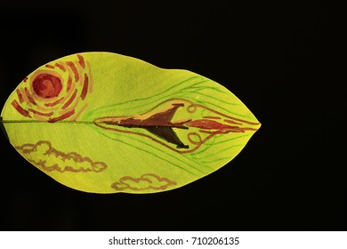 The Sonic Boom From The Plane Painting On Green Leaf And Black Background