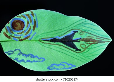 The Sonic Boom From The Plane Painting On Green Leaf And Black Background