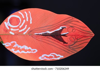 The Sonic Boom From The Plane  Painting On Green Leaf On Red Light And Black Background