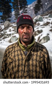 Sonmarg, Kashmir, India - February 03, 2021 : Portrait of local kashmiri man horseman in sonmarg