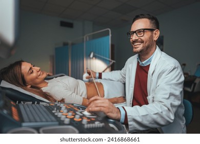 Sonographer using ultrasound machine at work. Modern clinical diagnostics and treatment. Close-up ultrasound scanner in hand of doctor. Doctor ultrasound examine female patient abdomen at hospital - Powered by Shutterstock