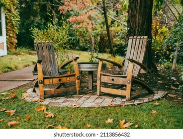 Sonoma CA USA - Sept 9 2018: Wine Barrel Chairs In Sonoma During Fall Foliage