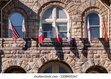 Sonoma, CA, USA September 30th, 2022 Sonoma City Hall Facade Showing Flags From US, Mexico,Spain,England And Russia