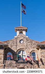 Sonoma, CA, USA September 30th, 2022 Sonoma City Hall Facade Showing Flags From US, Mexico,Spain,England And Russia