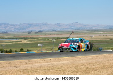 SONOMA, CALIFORNIA - JUNE 23, 2019: Kyle Busch's Toyota Sports A Dented Hood In The Toyota/Save Mart 350 At Sonoma Raceway. Martin Truex, Jr., Won The Race, Holding Off Busch In The Last Laps.