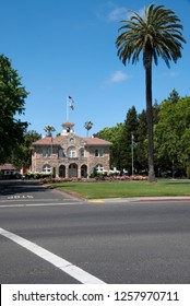 SONOMA, CALIFORNIA - MAY 13: A Quiet, Clear Day In The Small Town Of Sonoma, California Looking Towards The City Hall Watching The Flags Fly.