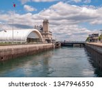 Soo Locks in the upper peninsula of Michigan as seen from a boat