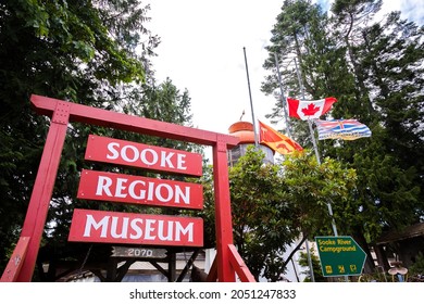 SOOKE, BRITISH COLUMBIA, CANADA - JULY 1, 2021: Canadian, British Columbia, And First Nations Flag Flying In Sooke On Canada Day. 