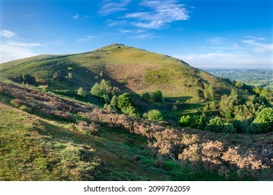 Soon after sunrise in the summer,looking southwards at the second main hill from the north of the Malvern hill range.Sugarloaf Hill lies between the Worcestershire Beacon and North Hill. - Shutterstock ID 2099762059