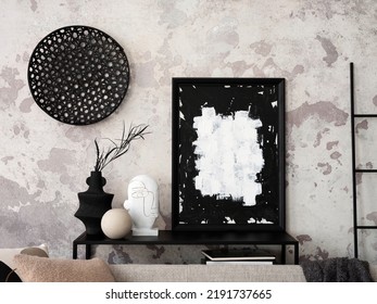 Sophisticated Composition Of Modern Living Room With Black Shelf, Decoration, Vase, Black Ladder And Elegant Personal Accessories. Minimalist Home Decor. Template.	Mock Up Poster Frame. 