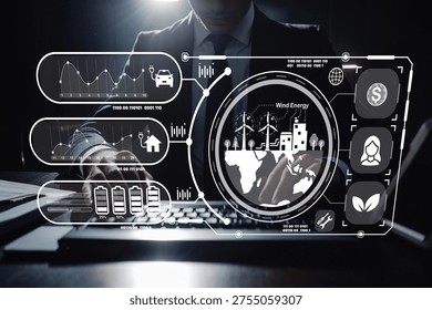 A sophisticated digital interface showcasing renewable energy analysis, featuring wind energy icons, financial data, and sustainability visuals for modern business strategies. - Powered by Shutterstock - Get 15% off with code: PIKWIZARD15