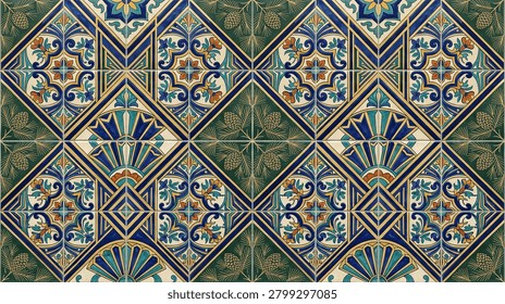 Sophisticated repeating pattern featuring diamond shapes with floral centers and fan motifs. Elegant decorative background with pine cones and dark green foliage details. Luxurious ornamental surface design inspired by traditional craftsmanship and botanical art.
