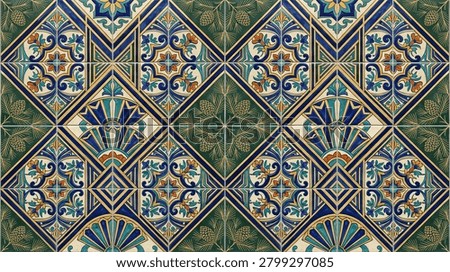 Sophisticated repeating pattern featuring diamond shapes with floral centers and fan motifs. Elegant decorative background with pine cones and dark green foliage details. Luxurious ornamental surface design inspired by traditional craftsmanship and botanical art.