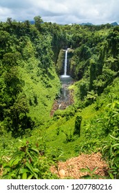 Sopoaga Tropical Waterfall In Exotic Jungle Inland Of Western Samoa, Upolu Island, South Pacific Ocean