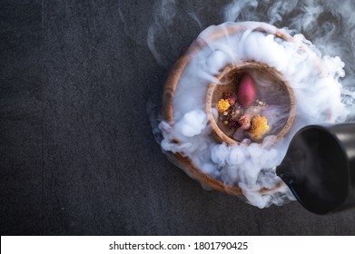 Sorbet Dessert Decorated With Dry Ice Smoke Effect. Dry Ice Food Decorations