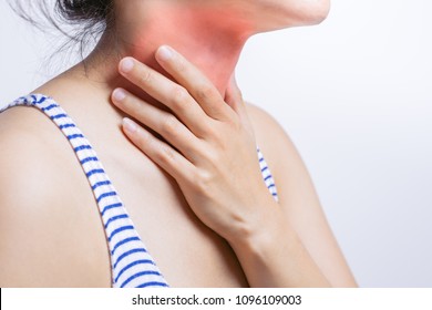 Sore Throat Pain Women. Woman Hand Touching Neck With Sore Throat Feeling Bad. Healthcare And Medicine Concept