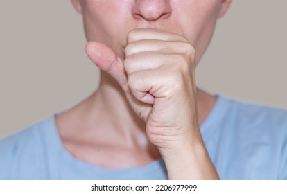 Sore Throat And Runny Nose Treatment. Woman Using Lozenge Candy Spray For Red Painful Throat Or Nose Sprayer Isolated.girl Coughing Hold Hand On Neck Or Mouth.feeling Pain,respiratory Virus Infection