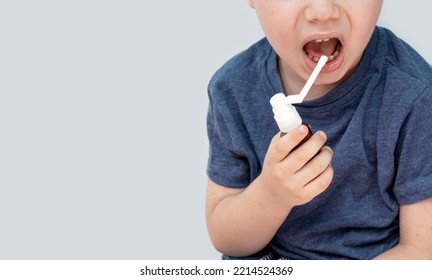 Sore Throat Treatment Concept.cute Baby Boy Preschooler Kid Using Honey Lemon Ingredients Spray For Red Neck Pain.doctor Medical Assistant Hand In Surgical White Glove.smiling Child Home Isolated Mock