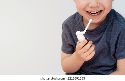 Sore Throat Treatment Concept.cute Baby Boy Preschooler Kid Using Honey Lemon Ingredients Spray For Red Neck Pain.doctor Medical Assistant Hand In Surgical White Glove.smiling Child Home Isolated Mock