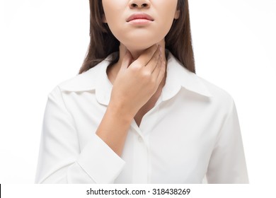 Sore throat woman on white background