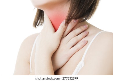 Sore Throat Of A Women. Touching The Neck. Isolated On White Background.