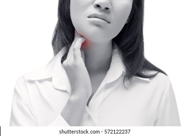 Sore throat of a women. Touching the neck. Isolated on white background.