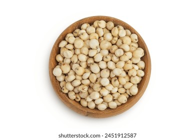 Sorghum seeds in wooden bowl isolated on white background. Top view. Flat lay. - Powered by Shutterstock