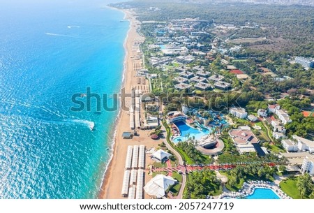 Sorgun. Side. The resort village of Titreyengol on the shores of a trembling lake in Turkey. There are many four and five star hotels around the lake. Beach and Mediterranean Sea. Drone shooting