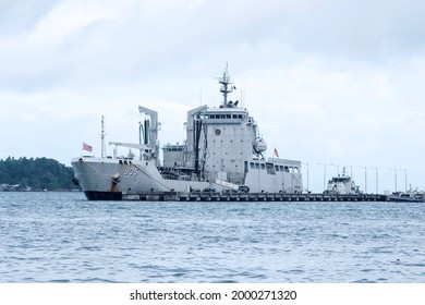 Sorong, West Papua, Indonesia, May 30th 2021. Indonesian National Army (TNI) Naval Battleship, KRI. Tarakan 905 mooring at Navy dock.