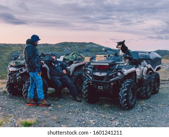 Soroya, Norway - Sep 20 2018: A Group Of Sami Reindeer Herder Resting In The Vast Land Of Soroya In Norway.