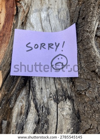 sorry note, apologize message, sad emoticon, regret paper, forgiveness request handwritten message on a sticky note, reminder on wood tree