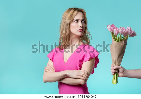 Sorry Offended Girl Looking Bouquet Tulips Stock Photo Edit Now