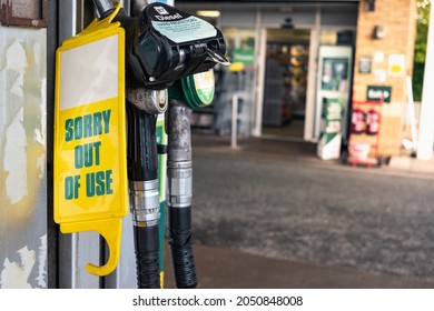 Sorry Out Of Use Sign On A Pump In England As Fuel Shortage Hits The Country. People Waiting In Lines To Get Any Petrol, Crisis In The Whole Country