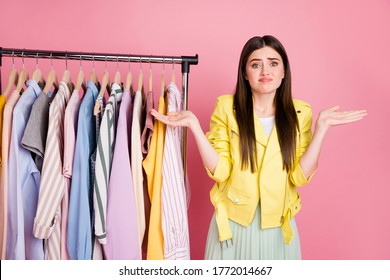 Sorry We're Closed. Photo Of Guilty Shop Assistant Lady Showroom Raise Arms Not Find Fitting Size For Client Wear Trend Yellow Leather Jacket Skirt Isolated Pastel Pink Color Background