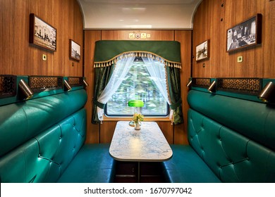 SORTAVALA/RUSSIA - February 27, 2020: Interior Of Ruskeala Express Vintage Train In Karelia