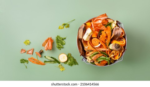 Sorted kitchen waste in compost-bucket on green background top view. Compost-container. Sustainable life style.Vegetable, fruit peels, scraps from food preparation collected in trash-can for recycling - Shutterstock ID 2106414566