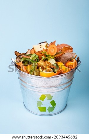 Sorted kitchen waste in compost-bucket on blue background. Compost-container front view. Sustainable lifestyle. Vegetable, fruit peels, scrap from food preparation collected in trash-can for recycling