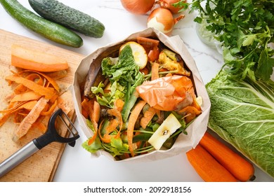 Sorted kitchen waste in paper eco bag on kitchen counter top. Compost-container. Sustainable life style. Vegetable and fruit peels, scraps from food preparation collected in trash-pack for recycling - Powered by Shutterstock