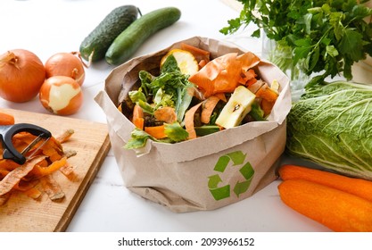 Sorted kitchen waste in paper eco bag on kitchen counter top. Compost-container. Sustainable life style. Vegetable and fruit peels, scraps from food preparation collected in trash-pack for recycling - Powered by Shutterstock