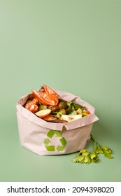 Sorted kitchen waste in paper eco bag on green background. Compost-container. Sustainable life style. Vegetable and fruit peels, scraps from food preparation collected in trash-pack for recycling