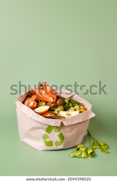 Sorted kitchen waste in paper eco bag on green\
background. Compost-container. Sustainable life style. Vegetable\
and fruit peels, scraps from food preparation collected in\
trash-pack for recycling