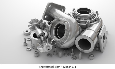 sorted turbocharger of car isolated on white background. High resolution 3d render