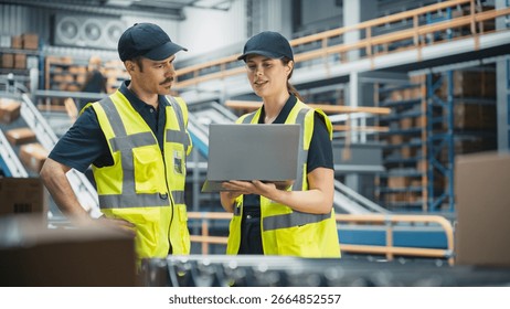 Sorting Center Facility: Supervisor and Manager Talk, Use Laptop. Logistics and Transportation Warehouse with Worker Loading Cardboard Boxes with Products on Conveyor Belt for Shipment to Clients