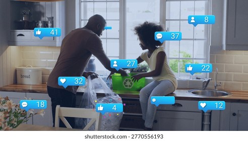 Sorting dad and child loading recyclables on counter in kitchen, with green bin and social icons. Daughter, family, recycling, home, sunlit, bright, ecofriendly